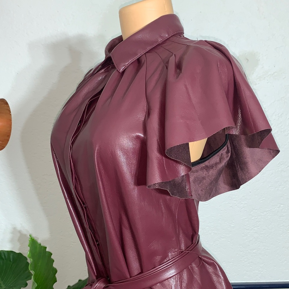 Elan Maroon Faux Leather Dress with Tie - Picture 4 of 8